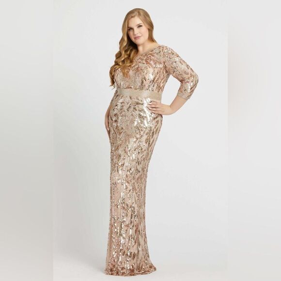 Mac Duggal Womens Plus Size Beaded Sequin 3/4 Sleeve Gown Rose Gold 4857 - Picture 2 of 16